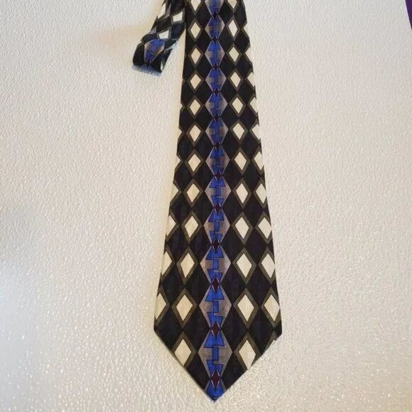 Zeidler & Zeidler diamond Pattern Silk Tie Black & Cream With Blue - Picture 1 of 5